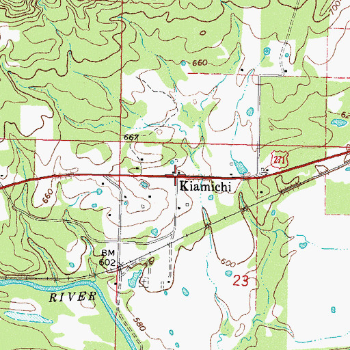 Topographic Map of Kiamichi, OK