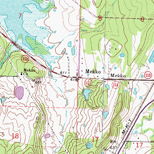 Topographic Map of Mekko, OK