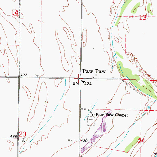 Topographic Map of Paw Paw, OK
