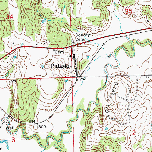 Topographic Map of Pulaski, OK
