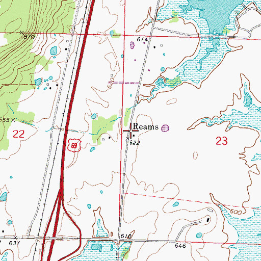 Topographic Map of Reams, OK