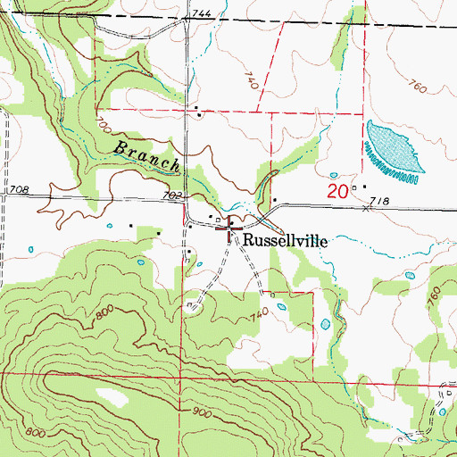 Topographic Map of Russellville, OK