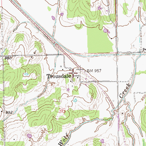 Topographic Map of Trousdale, OK