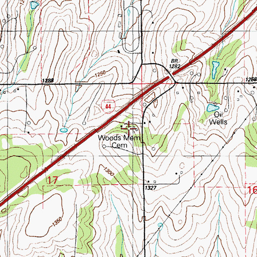 Topographic Map of Woods Memorial Cemetery, OK