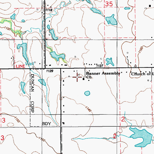 Topographic Map of Banner Assembly Church, OK