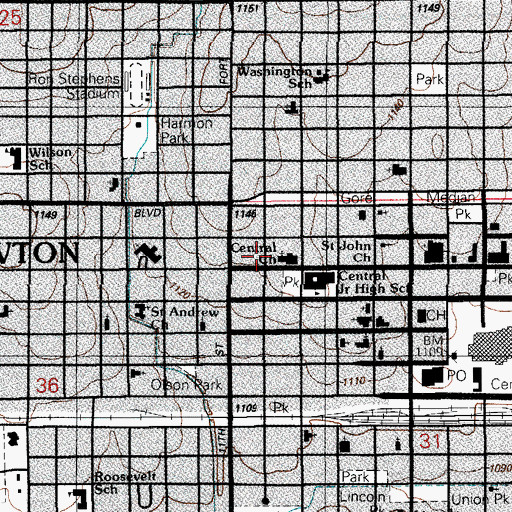 Topographic Map of Central Church, OK