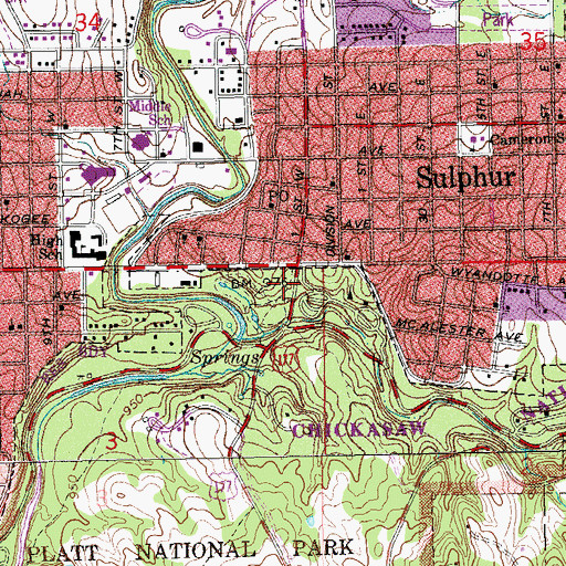 Topographic Map of Travertine Falls, OK