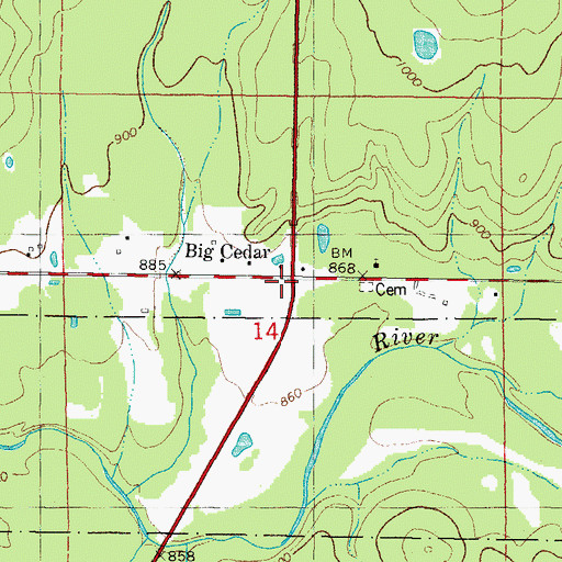 Topographic Map of Big Cedar, OK