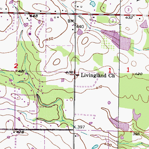 Topographic Map of Livingland Church, OK