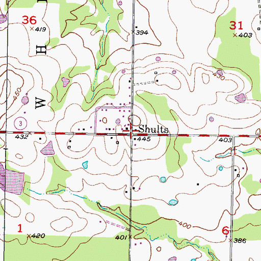 Topographic Map of Shults, OK