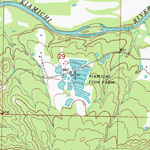 Topographic Map of Kiamichi Fish Farm, OK