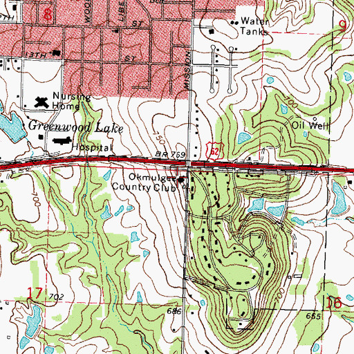Topographic Map of Okmulgee Country Club, OK