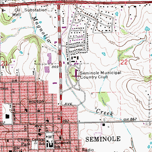 Topographic Map of Seminole Municipal Country Club, OK