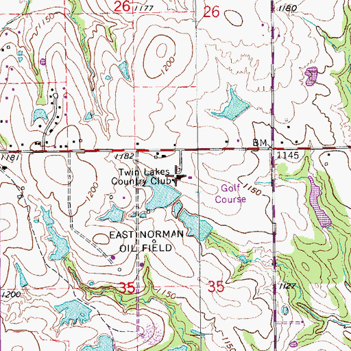 Topographic Map of Twin Lakes Country Club, OK