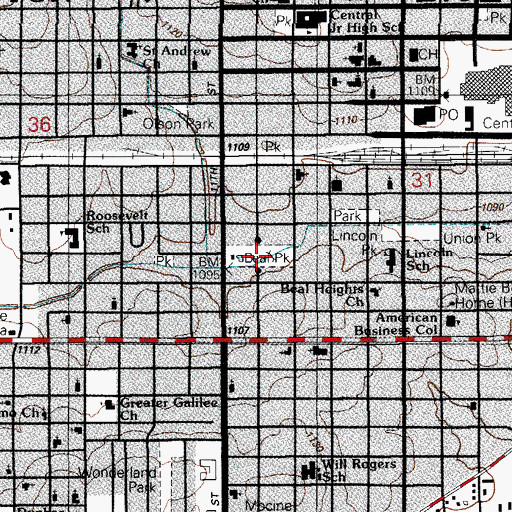 Topographic Map of Mattie Beal Park, OK