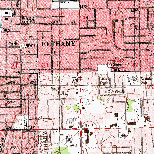 Topographic Map of KNTL-FM (Bethany), OK