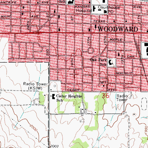 Topographic Map of KWFX-FM (Woodward), OK