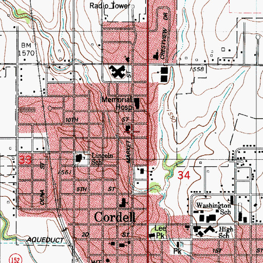 Topographic Map of Cordell Memorial Hospital Heliport, OK
