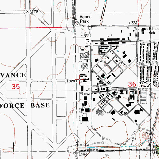 Topographic Map of Vance Air Force Base, OK