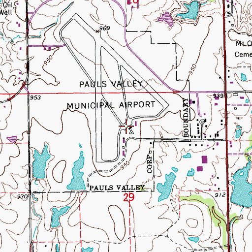 Topographic Map of Pauls Valley Municipal Airport, OK