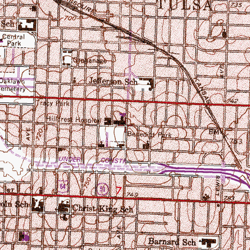 Topographic Map of Hillcrest Medical Center Heliport, OK