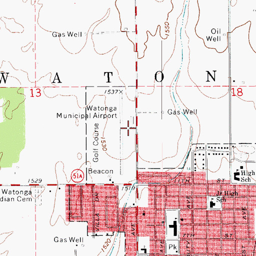 Topographic Map of Watonga Regional Airport, OK