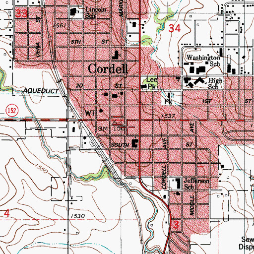 Topographic Map of Cordell, OK