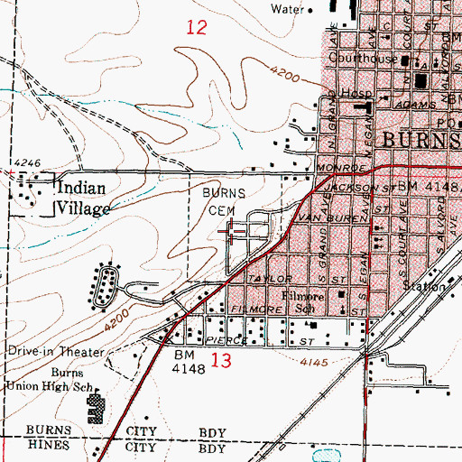 Topographic Map of Burns Cemetery, OR