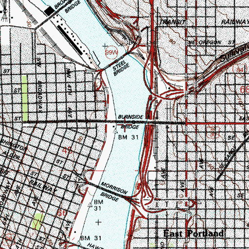 Topographic Map of Burnside Bridge, OR