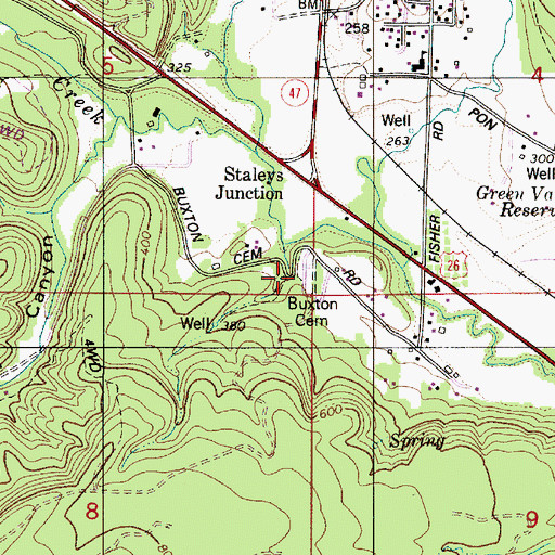 Topographic Map of Buxton Cemetery, OR