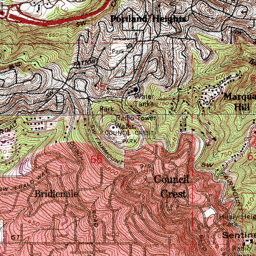 Topographic Map of Council Crest City Park, OR