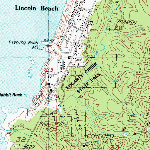 Topographic Map of Fogarty Creek State Park, OR