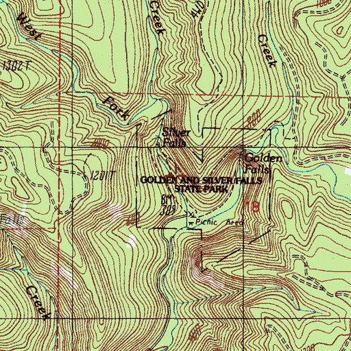 Topographic Map of Golden and Silver Falls State Park, OR