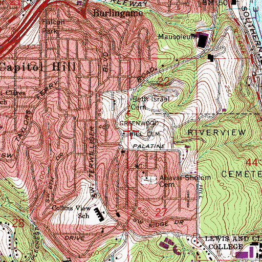 Topographic Map of Greenwood Hill Cemetery, OR