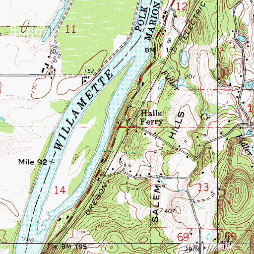 Topographic Map of Halls Ferry, OR