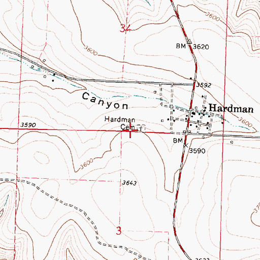 Topographic Map of Hardman Cemetery, OR