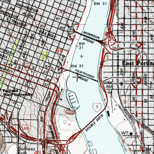 Topographic Map of Hawthorne Bridge, OR