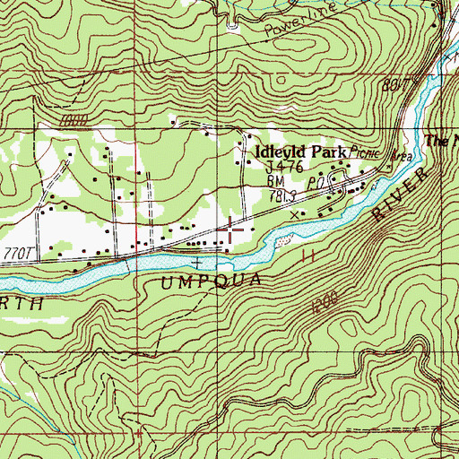 Topographic Map of Idleyld Park, OR