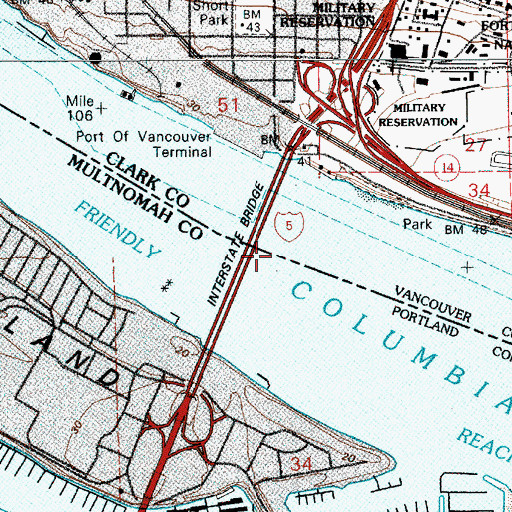Topographic Map of Interstate Bridge, OR