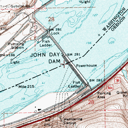 Topographic Map of John Day Dam, OR