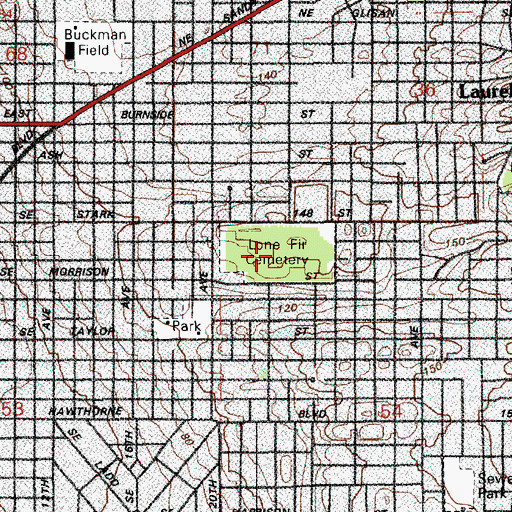 Topographic Map of Lone Fir Cemetery, OR