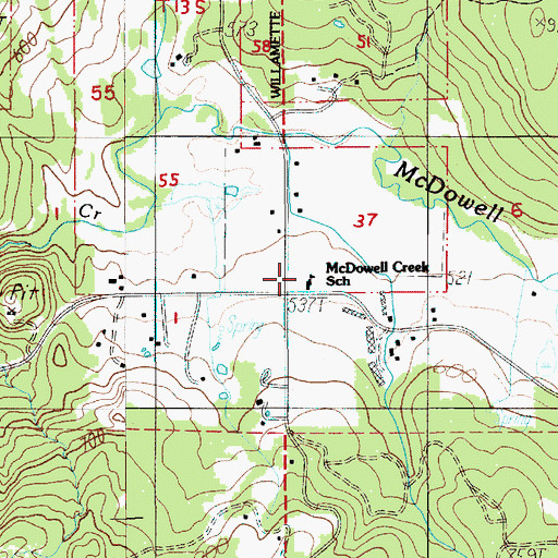 Topographic Map of McDowell Creek School (historical), OR