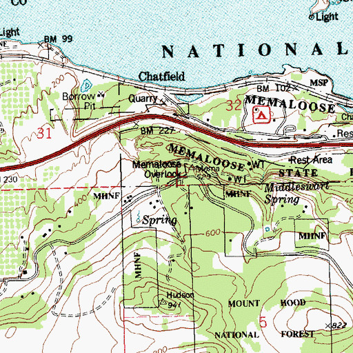 Topographic Map of Memaloose Overlook, OR