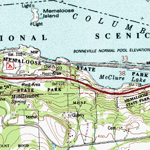 Topographic Map of Memaloose State Park, OR
