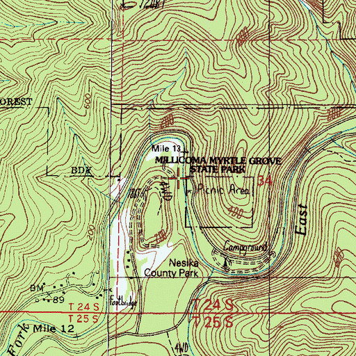 Topographic Map of Millicoma Myrtle Grove State Park, OR