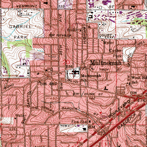 Topographic Map of Multnomah School (historical), OR