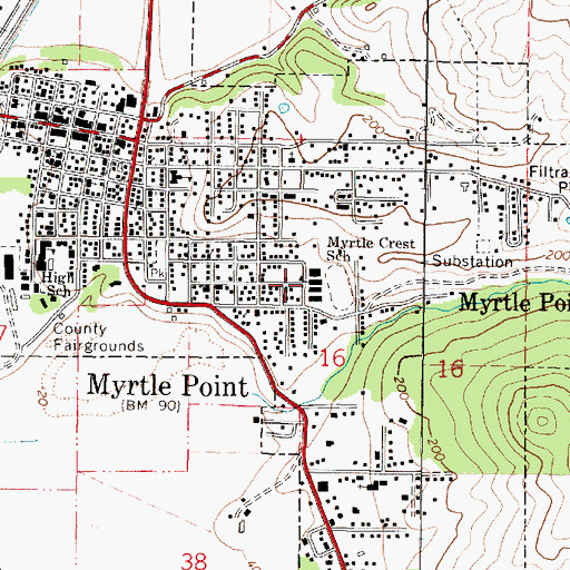 Topographic Map of Myrtle Crest School, OR