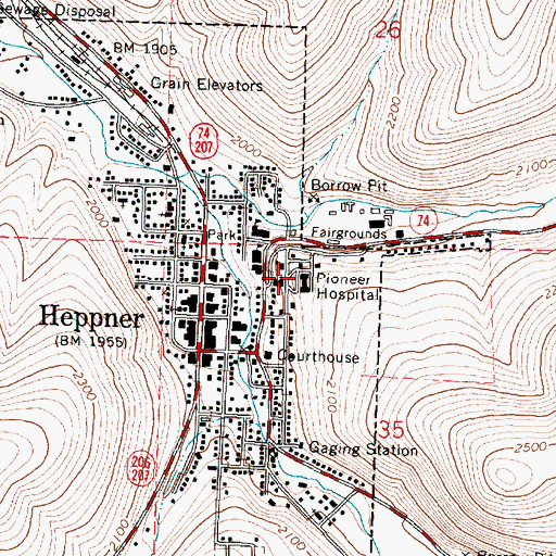 Topographic Map of Pioneer Memorial Hospital, OR