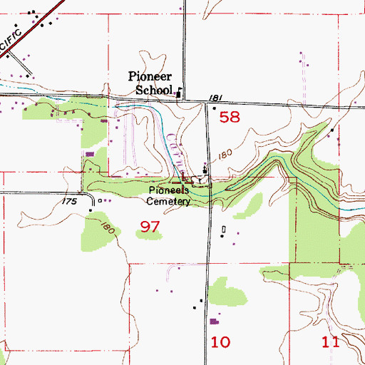Topographic Map of Pioneers Cemetery, OR