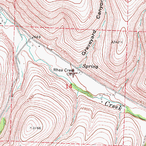 Topographic Map of Rhea Creek Cemetery, OR